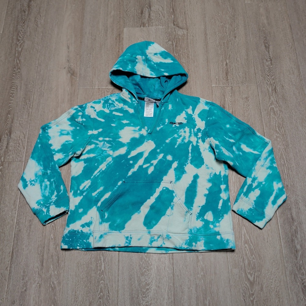 Reebok Tie Dye Hoodie Womens XL Teal White Fleece Kangaroo Pocket RBK V Neck